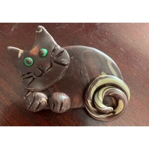 Handmade Clay Brown Cat Brooch Whimsical has a little spot on the ear.